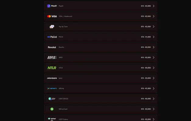 Legiano Casino deposit and payment methods screenshot